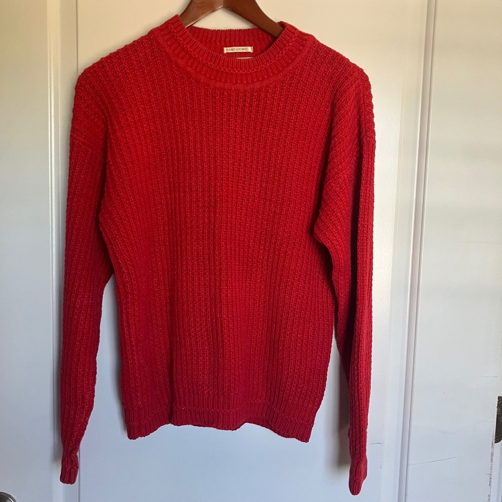 Vintage Sears Roebuck Hand Loomed Red Shaker Knit Sweater Mens Medium Ramie